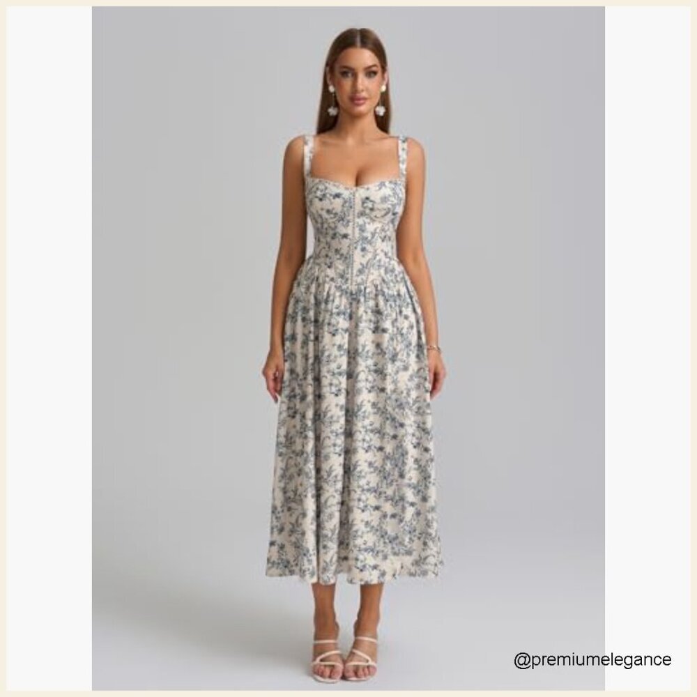 Floral Corset Midi Dress with Pockets, Smocked Back, Sweetheart Neck - Picture 4 of 7
